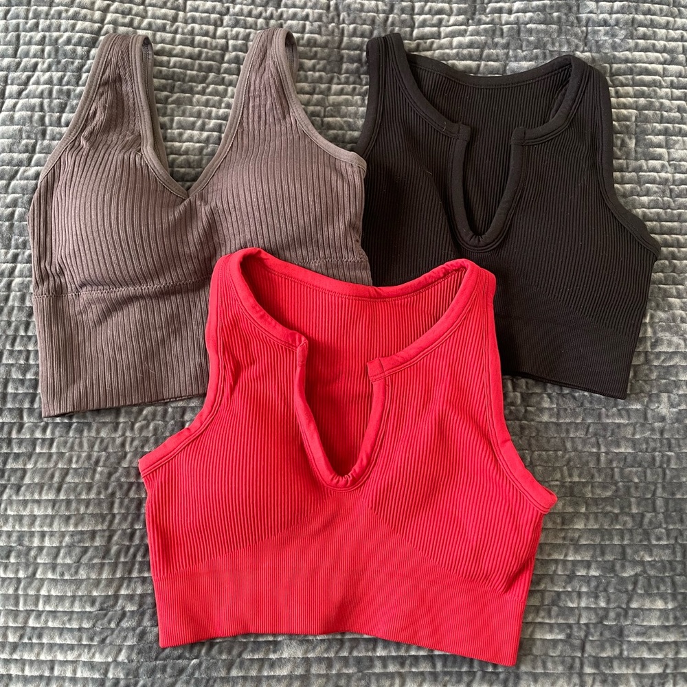 Set of Three Ribbed V-Neck Crop Tops size small